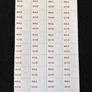 Was / Now self-adhesive stickers, labels for jewellery displays.