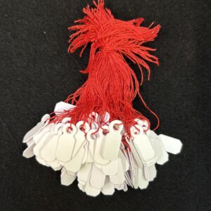 White card silk string tags 20mm x 7mm red cotton only.